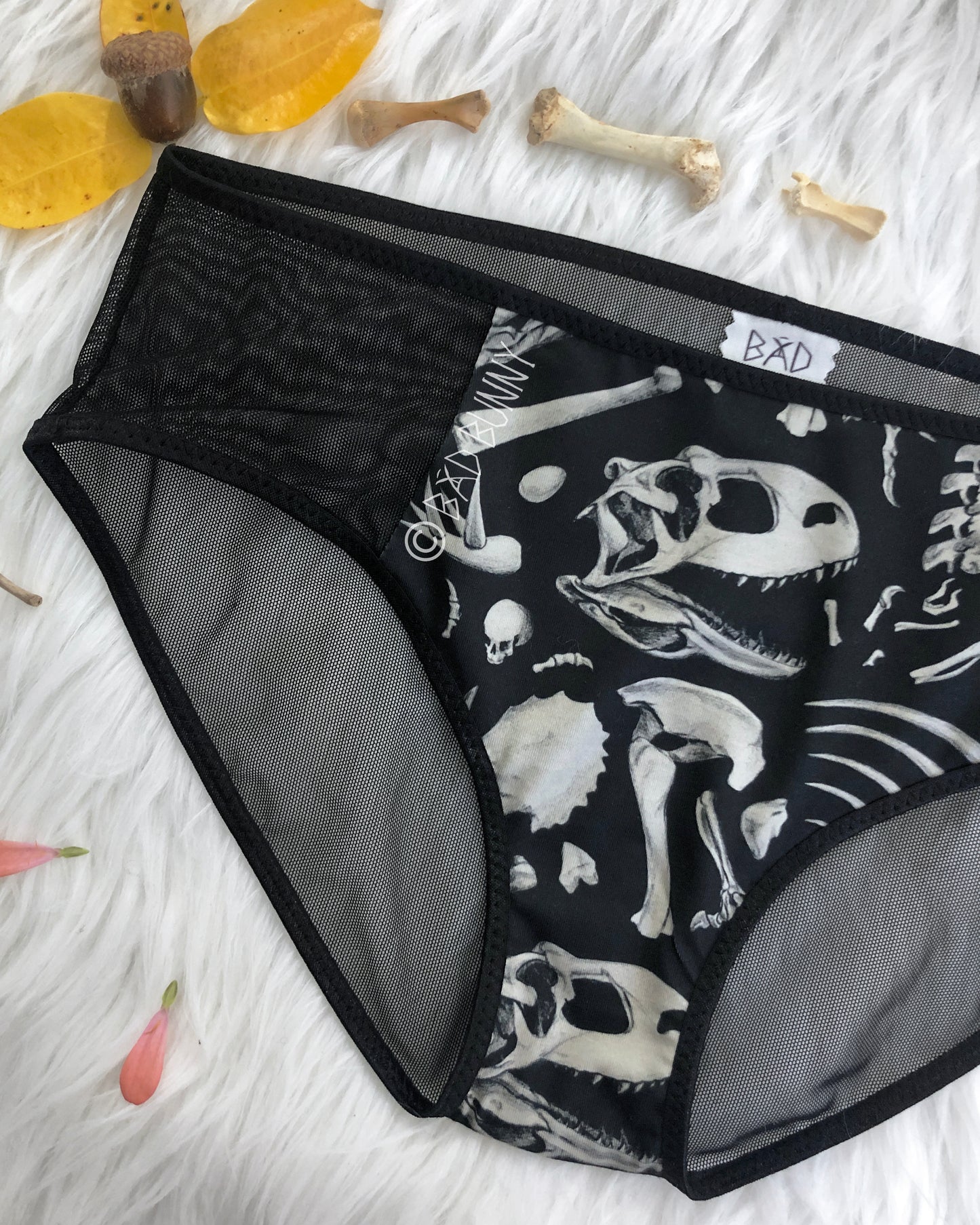 Sheer Panel Undies - Black Dino Bones - MTO