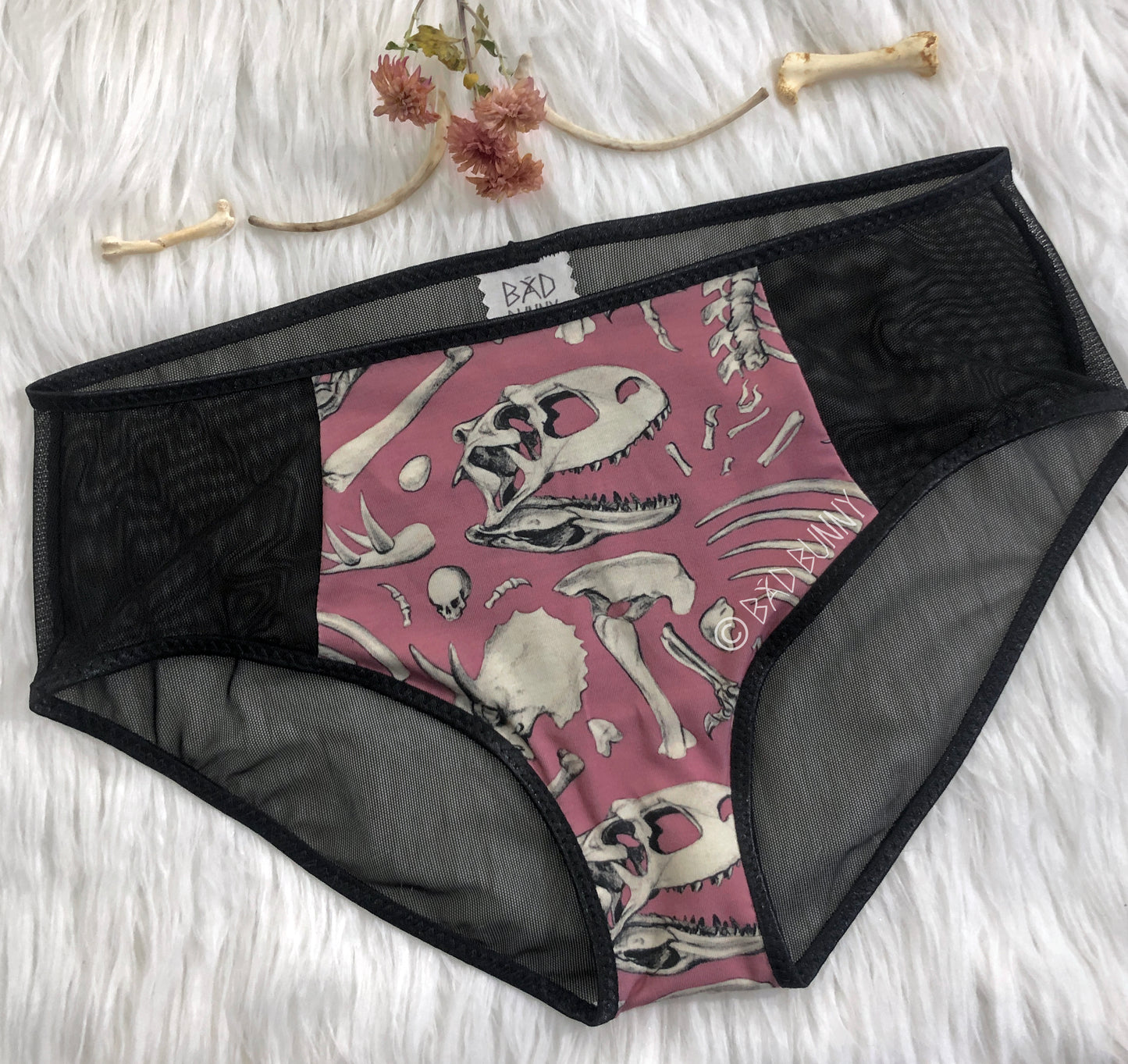 Sheer Panel Undies - Pink Dino Bones - MTO