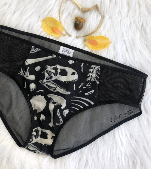 Sheer Panel Undies - Black Dino Bones - MTO