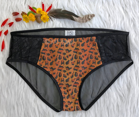 Sheer Panel Undies - Orange Leopard Kitty - MTO