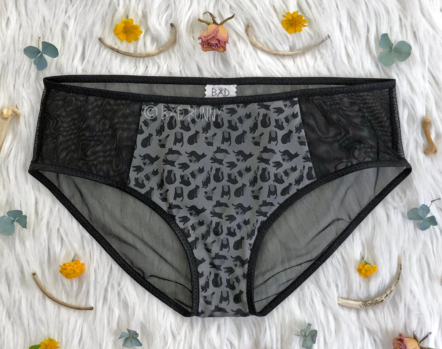 Sheer Panel Undies - Grey Leopard Kitty - MTO