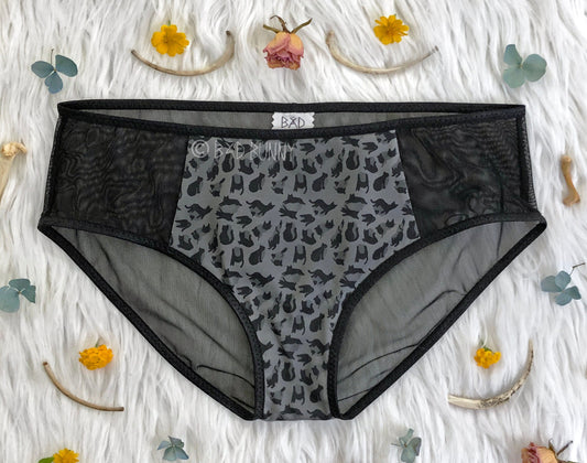 Sheer Panel Undies - Grey Leopard Kitty - MTO