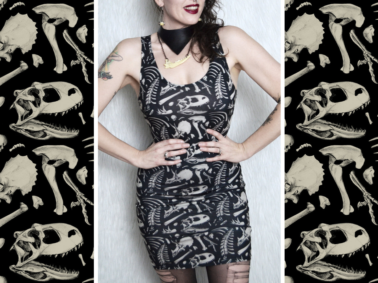 Bodycon Dress - Black Dino Bones - MTO