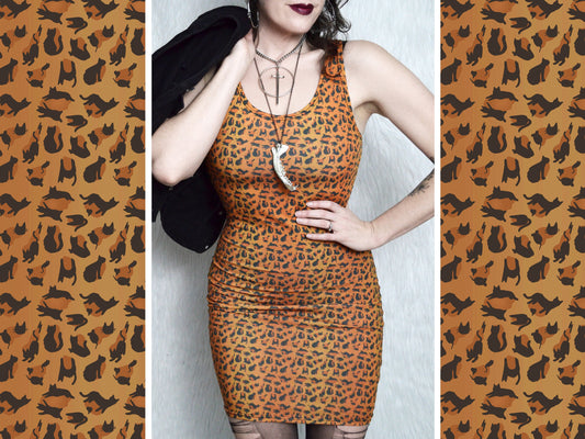 Bodycon Dress - Orange Leopard Kitty - MTO