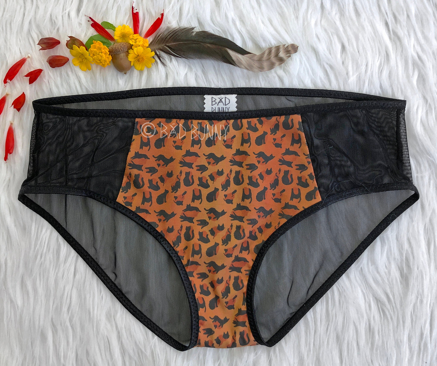 Sheer Panel Undies - Orange Leopard Kitty - MTO